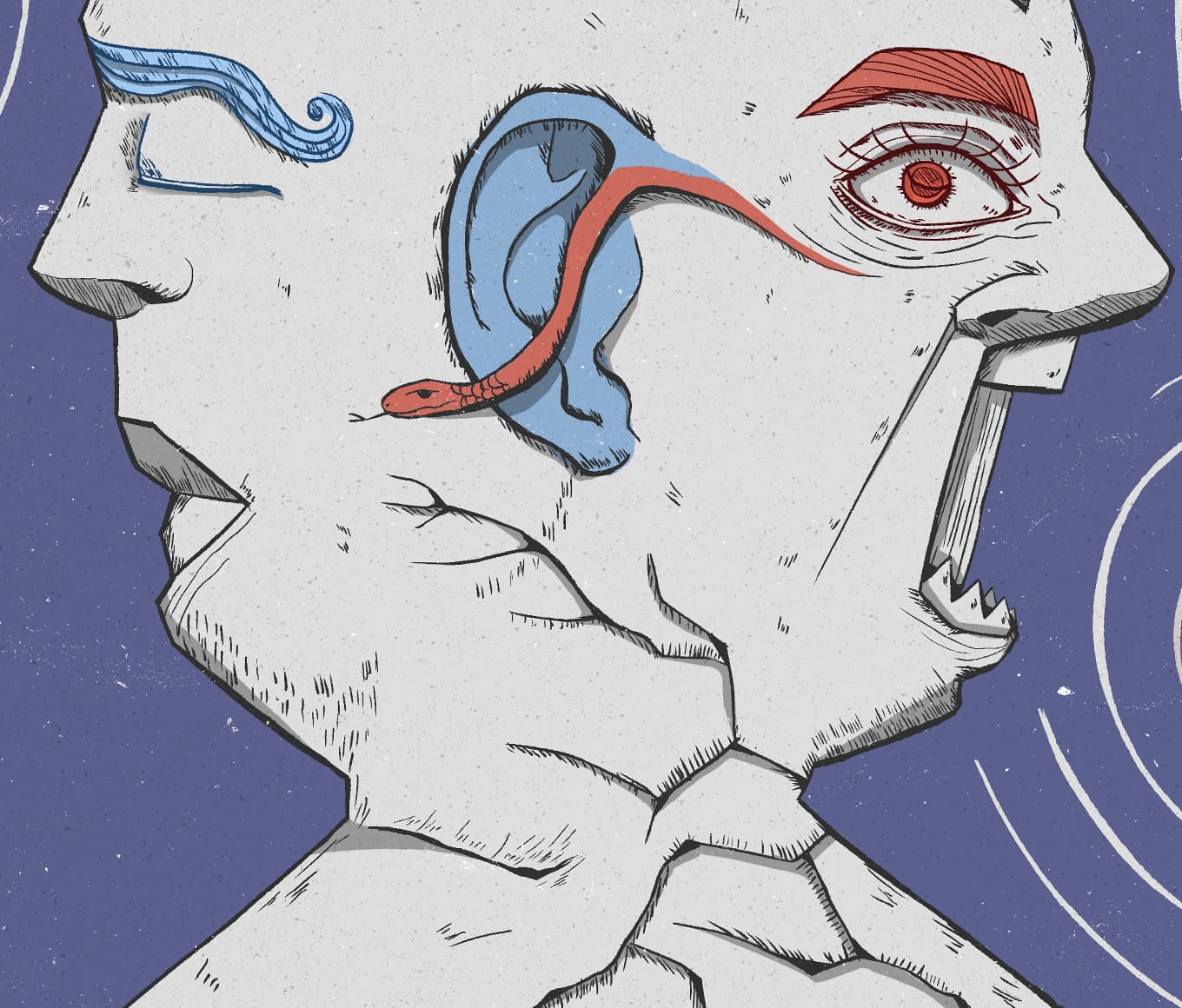 Surrealist conceptual illustration of dual human psychology
